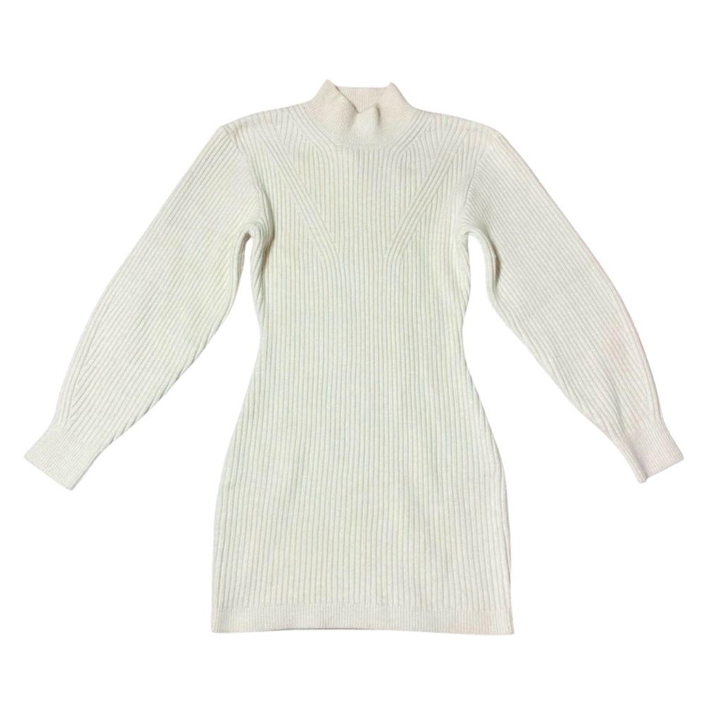 H&M Off-White Ribbed Long Sleeve Dress